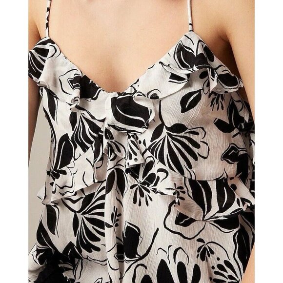 J Crew Drapey Ruffle Tank Top Black Floral White NWT Size Large - Picture 3 of 7